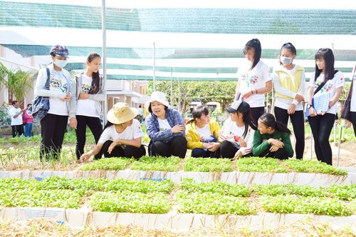 Bà Mayu hỗ trợ học sinh trồng rau hữu cơ. Ảnh: C.Trúc
