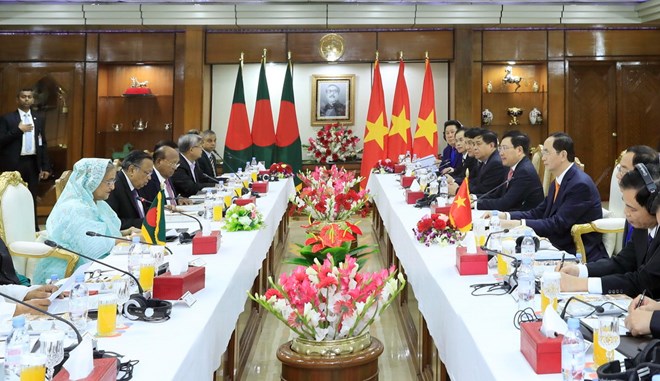 Chủ tịch nước Trần Đại Quang hội đàm với Thủ tướng Bangladesh Chủ tịch nước Trần Đại Quang hội đàm với Thủ tướng Cộng hòa Nhân dân Bangladesh Sheikh Hasina. (Ảnh: Nhan Sáng/TTXVN)