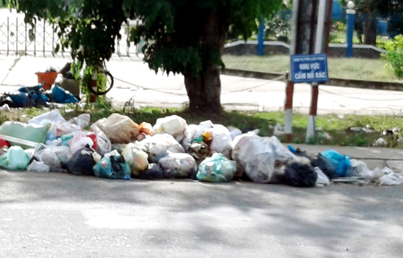 Dù đã có biển báo cấm đổ rác nhưng vẫn có rác ở bên đường, khu vực gần cầu Ba Lai. Ảnh: H.Đức