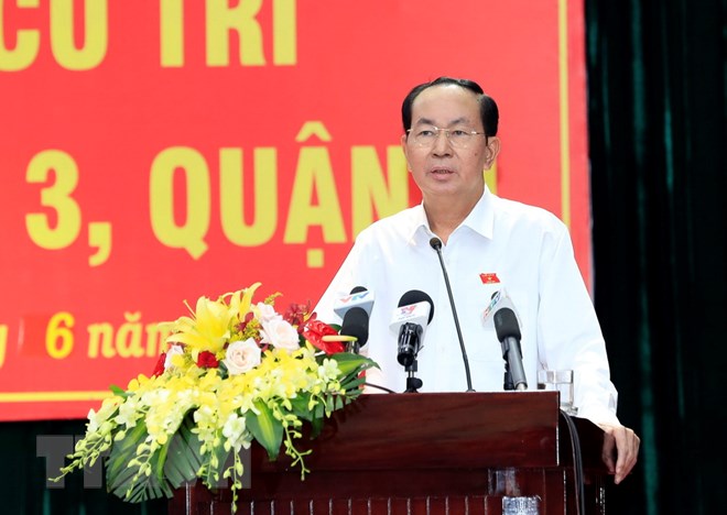 Chủ tịch nước Trần Đại Quang trong buổi tiếp xúc cử tri. Ảnh: Nhan Sáng/TTXVN