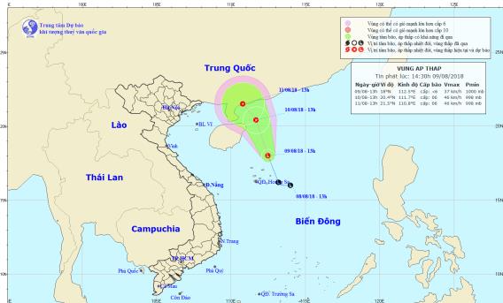 Áp thấp trên biển Đông đang mạnh lên Dự kiến đường đi của áp thấp. Ảnh: KTTV