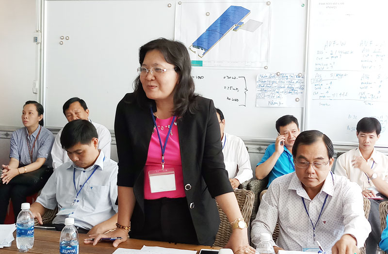 Trưởng ban Tổ chức tỉnh ủy Hồ Thị Hoàng Yến ý kiến với Ban giám đốc Công ty TNHH Sản xuất - Thương mại Âu Việt Furniture. Ảnh: Thu Duyên