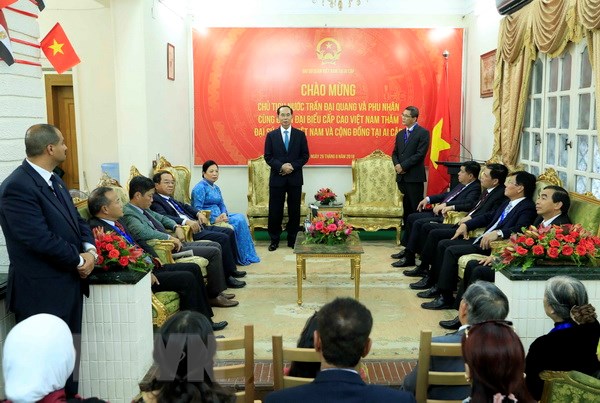 Chủ tịch nước Trần Đại Quang nói chuyện với cán bộ nhân viên Đại sứ quán Việt Nam và cộng đồng người Việt Nam tại Ai Cập. (Ảnh: Nhan Sáng/TTXVN)