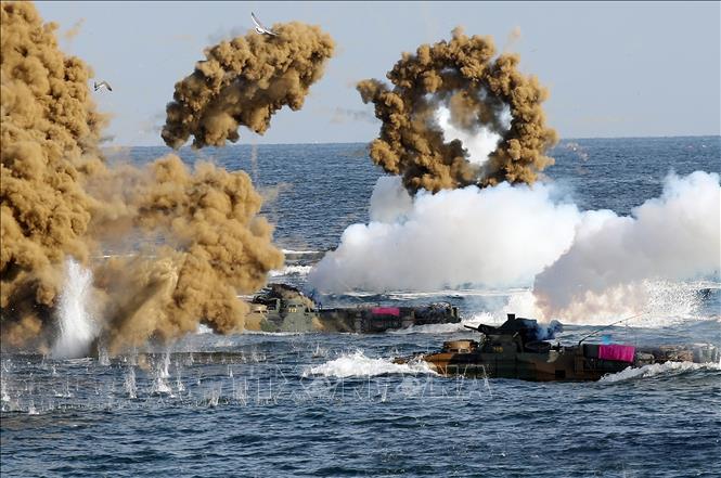 Tàu của lực lượng lính thủy đánh bộ Hàn Quốc tham gia cuộc tập trận đổ bộ với lực lượng Mỹ tại Pohang, Hàn Quốc ngày 5-11-2018. Ảnh: Yonhap/TTXVN