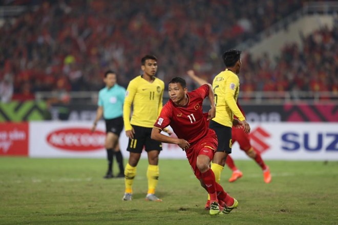 Anh Đức ghi bàn thắng mở tỷ số cho Việt Nam vào lưới Malaysia. Nguồn: TTVH