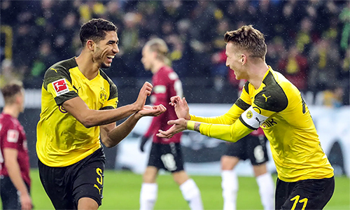 Dortmund thắng đậm, phá kỷ lục của CLB ở Bundesliga Dortmund đang thăng hoa với sự pha trộn hài hoà giữa lớp cựu binh giàu kinh nghiệm như Reus (phải) với thế hệ trẻ của những Hakimi (trái), Sancho...
