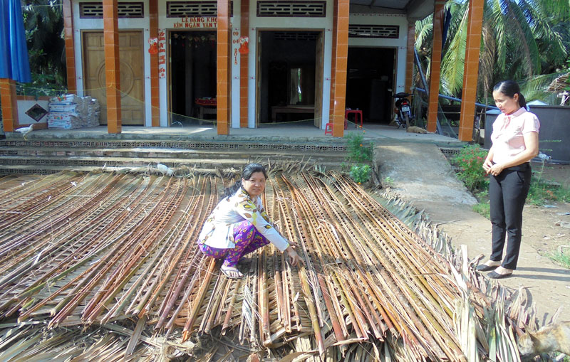 Chị Lê Thị Chi đang phơi lá.