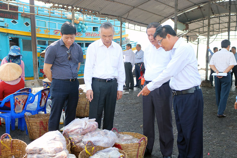 Thứ trưởng Bộ Nông nghiệp và Phát triển nông thôn Phùng Đức Tiến (thứ 2, từ trái sang) kiểm tra hoạt động kiểm soát nghề cá tại Cảng cá Bình Đại (tháng 4-2019).