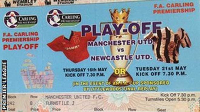 Vé trận play-off tranh chức vô địch giải Ngoại hạng Anh giữa MU và Newcastle mùa 1995/96 được in sẵn dù cuối cùng đã không cần dùng đến.