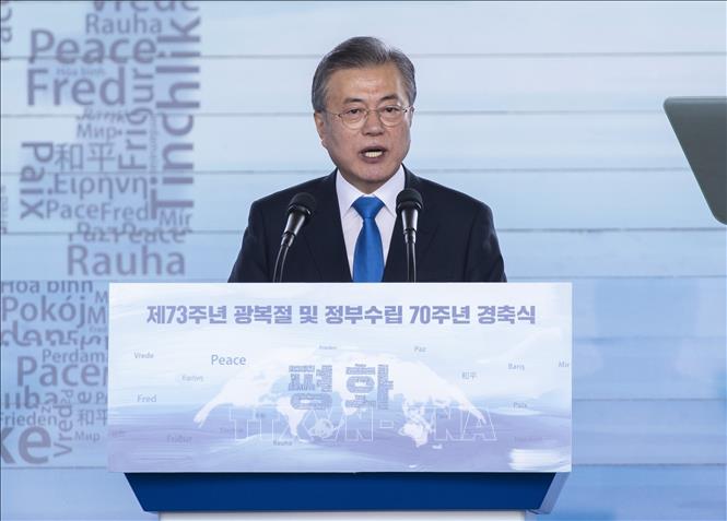 Tổng thống Hàn Quốc Moon Jae-in phát biểu tại một sự kiện ở Seoul. Ảnh: THX/TTXVN