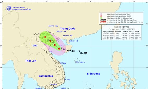 Khẩn trương ứng phó với bão số 2 Dự báo vị trí và hướng di chuyển của bão số 2. Nguồn: nchmf.gov.vn