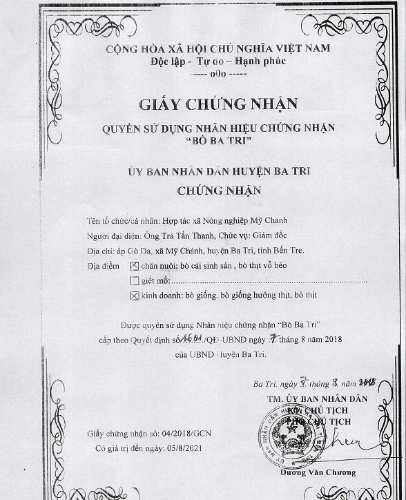 Khởi nghiệp từ khai thác nhãn hiệu cộng đồng Giấy chứng nhận quyền sử dụng nhãn hiệu chứng nhận “Bò Ba Tri”.