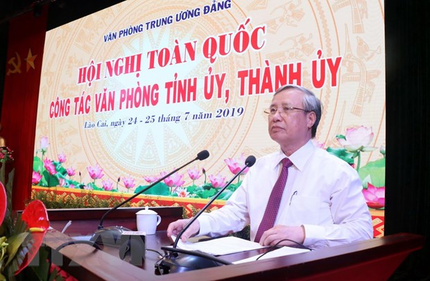 Ông Trần Quốc Vượng, Ủy viên Bộ Chính trị, Thường trực Ban Bí thư phát biểu chỉ đạo tại hội nghị. Ảnh: Quốc Khánh/TTXVN