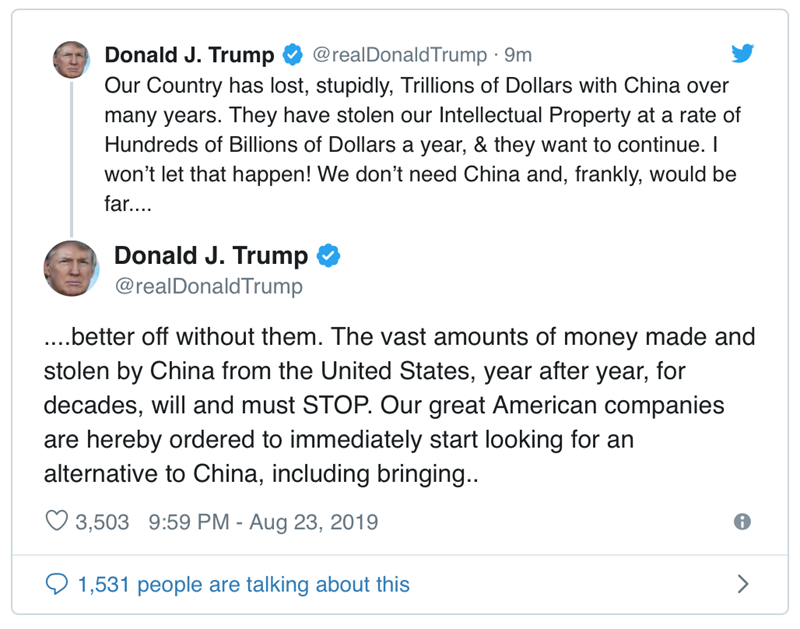 Ông Trump ra lệnh các công ty Mỹ tìm giải pháp thay thế Trung Quốc Thông báo của Tổng thống Donald Trump trên Twitter.