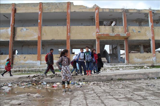 Một trường học bị hư hại sau các cuộc không kích ở tỉnh Idlib, Syria, ngày 30-1-2019. Ảnh: AFP/TTXVN