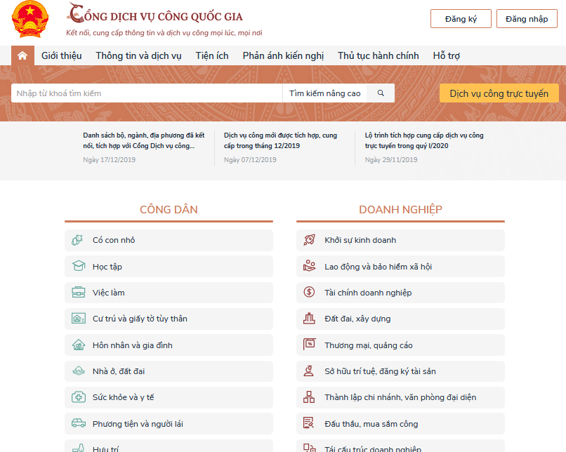Giao diện Cổng Dịch vụ công quốc gia