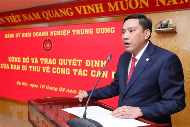 Tân Phó Bí thư Đảng ủy Khối Doanh nghiệp Trung ương Hoàng Giang phát biểu nhận nhiệm vụ. (Ảnh: Thành Đạt/TTXVN)