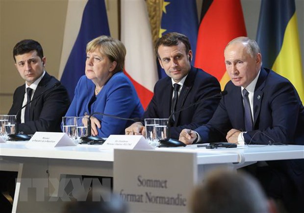 Lãnh đạo các nước Ukraine, Nga, Đức và Pháp theo định dạng Normandy trong một cuộc họp hồi năm 2019. (Nguồn: AFP/TTXVN)