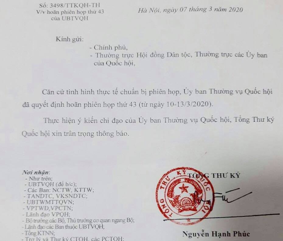 Công văn của Tổng Thư ký Quốc hội Nguyễn Hạnh Phúc về việc hoãn Phiên họp 43.