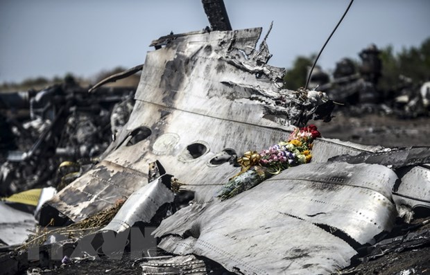 Xác máy bay MH17 của Hãng hàng không Malaysia Airlines bị bắn rơi gần làng Grabove, cách Donetsk, miền Đông Ukraine khoảng 80km, tháng 9-2014. (Ảnh: AFP/TTXVN)