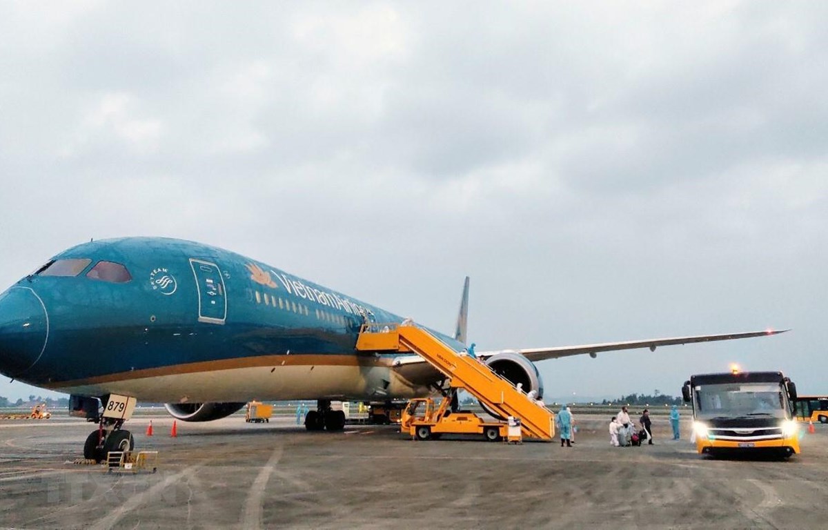 Máy bay Airbus 350 mang số hiệu VN62 của Hãng hàng không Vietnam Airlines đưa 345 người Việt từ Liên bang Nga về Việt Nam. Ảnh: TTXVN