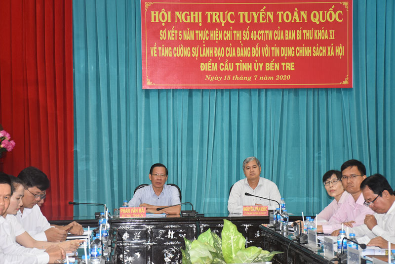 Tăng cường sự lãnh đạo của Đảng đối với tín dụng chính sách xã hội Bí thư Tỉnh ủy Phan Văn Mãi, Phó chủ tịch Thường trực UBND tỉnh Nguyễn Văn Đức tham dự hội nghị tại điểm cầu tỉnh.