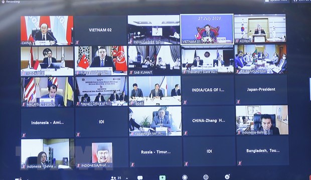 Các đầu cầu tại cuộc họp trực tuyến Ban điều hành ASOSAI lần thứ 55. (Ảnh: Doãn Tấn/TTXVN)