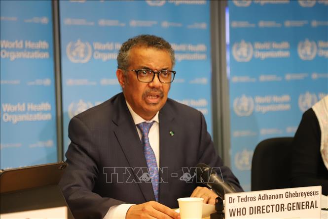 Tổng Giám đốc WHO Tedros Adhanom Ghebreyesus trong cuộc họp báo về dịch COVID-19 tại Geneva, Thụy Sĩ. Ảnh: THX/TTXVN