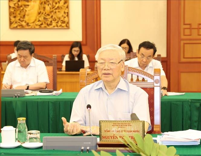 Bộ Chính trị làm việc với Ban Thường vụ Thành ủy TP. Hồ Chí Minh Tổng Bí thư, Chủ tịch nước Nguyễn Phú Trọng phát biểu tại cuộc làm việc. Ảnh: TTXVN