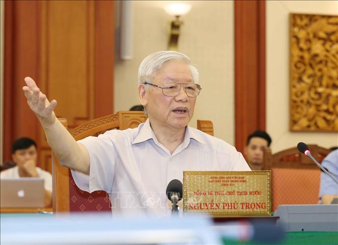 Bộ Chính trị làm việc với Thường vụ Quân ủy Trung ương Tổng Bí thư, Chủ tịch nước Nguyễn Phú Trọng, Bí thư Quân ủy Trung ương phát biểu tại buổi làm việc với Ban Thường vụ Quân ủy Trung ương.