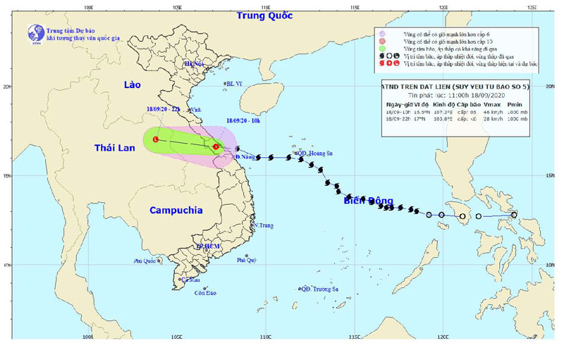 Bão số 5 suy yếu thành áp thấp nhiệt đới Vị trí và đường đi của áp thấp nhiệt đới.