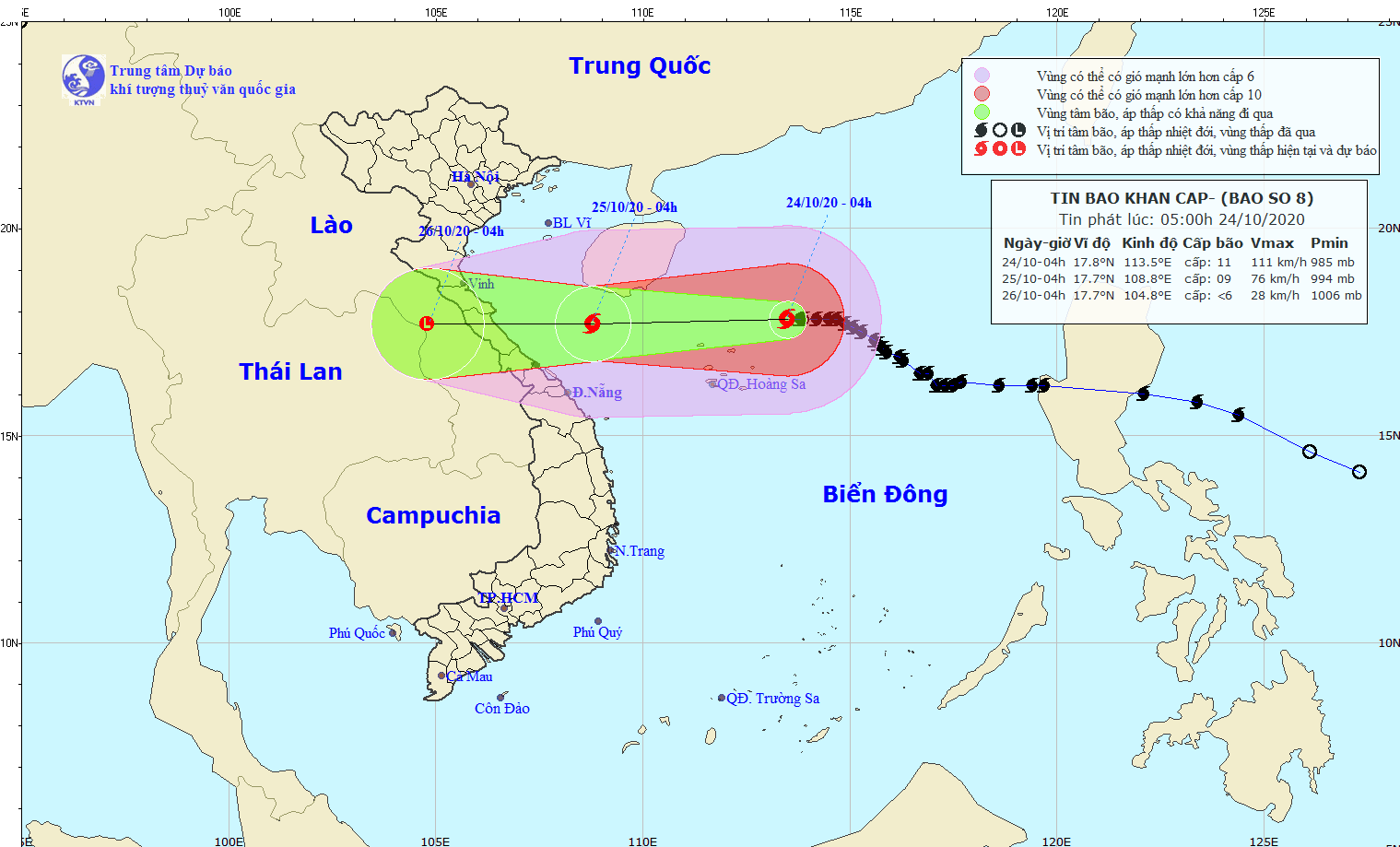 Bão số 8 di chuyển theo hướng Tây, cách Hoàng Sa khoảng 160km Sơ đồ đường đi và vị trí cơn bão.