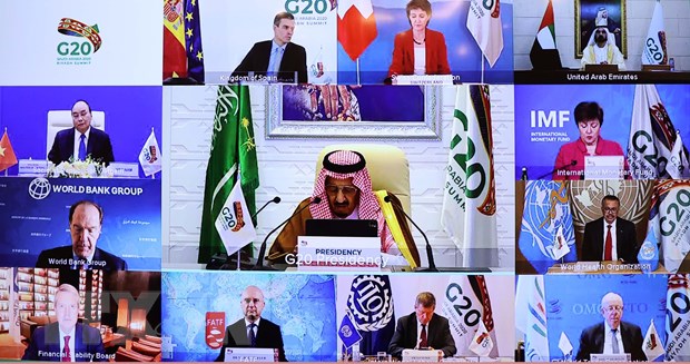 G20 bàn giải pháp sử dụng mọi nguồn lực để ngăn chặn đại dịch COVID-19 Hội nghị thượng đỉnh nhóm các nền kinh tế phát triển và mới nổi hàng đầu thế giới (G20) theo hình thức trực tuyến. Ảnh: Thống Nhất/TTXVN