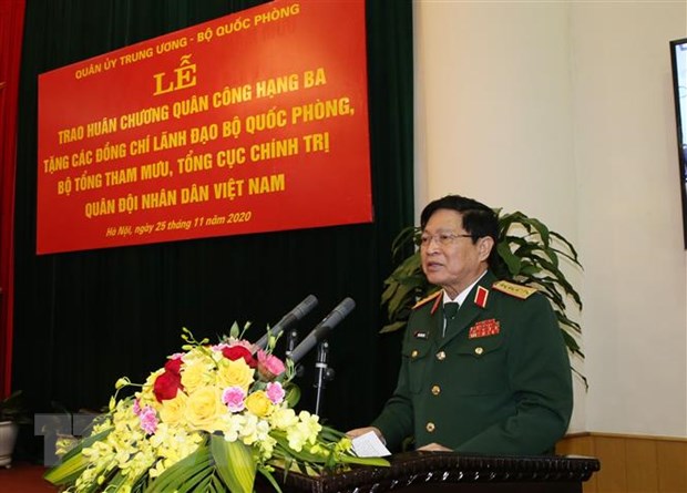 Đại tướng Ngô Xuân Lịch phát biểu tại buổi lễ. (Ảnh: Hồng Pha/TTXVN phát)