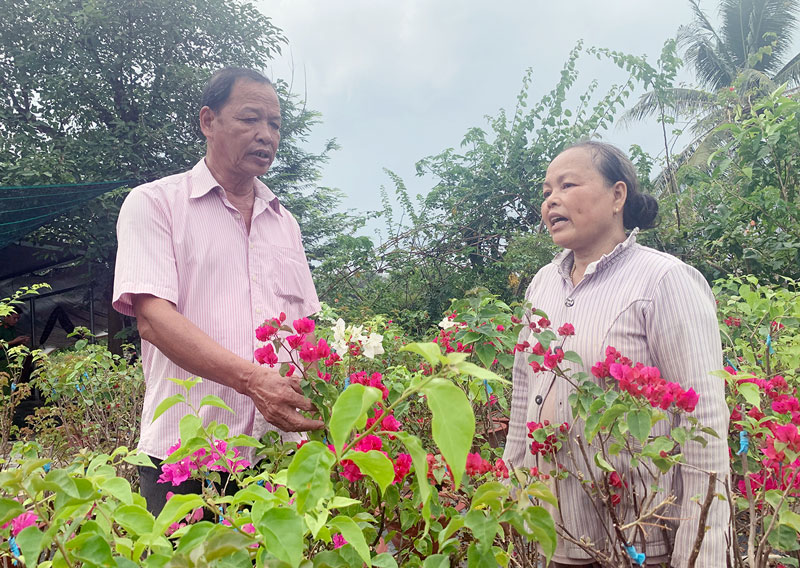 Ông Ba Chữ trao đổi với bà con về tình hình sản xuất hoa kiểng.
