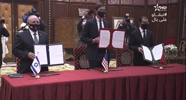 Quang cảnh lễ ký Tuyên bố chung giữa Maroc, Mỹ và Israel. (Nguồn: le1.ma)