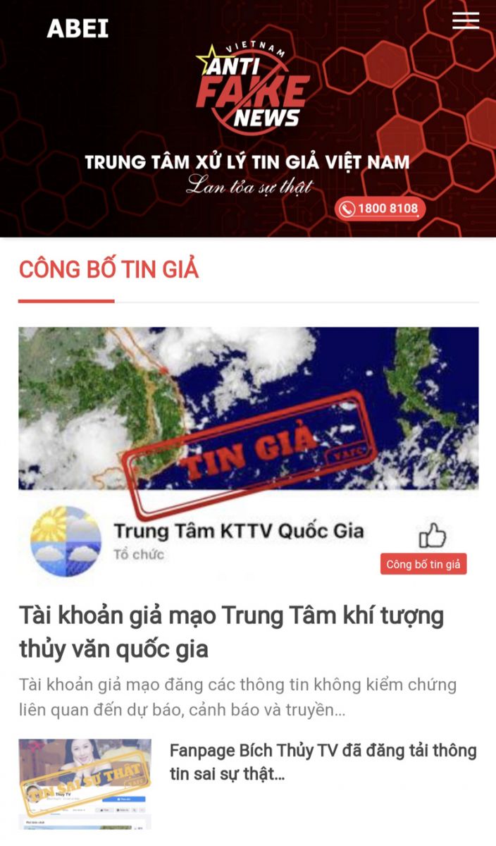 Giao diện website Trung tâm Xử lý tin giả Việt Nam.