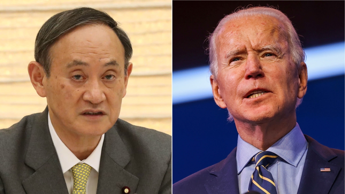 Thủ tướng Nhật Bản Suga điện đàm với Tổng thống Mỹ Joe Biden Thủ tướng Nhật Bản Suga và Tổng thống Mỹ Biden. Ảnh: Reuters