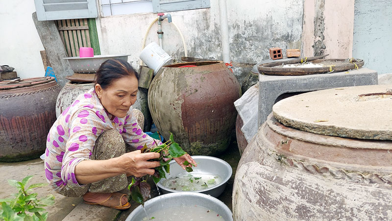 Cần sử dụng tiết kiệm nước ngọt trong mùa hạn mặn để giảm chi phí (trong ảnh cô Nguyễn Thị Năm, Ấp 1, xã Tân Hào, huyện Giồng Trôm). Ảnh: Phan Hân