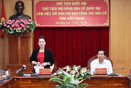 Chủ tịch Quốc hội làm việc với Ban Chỉ đạo công tác bầu cử tỉnh Kiên Giang Chủ tịch Quốc hội Nguyễn Thị Kim Ngân phát biểu tại buổi làm việc với Ban Chỉ đạo công tác bầu cử tỉnh Kiên Giang. Ảnh: TTXVN