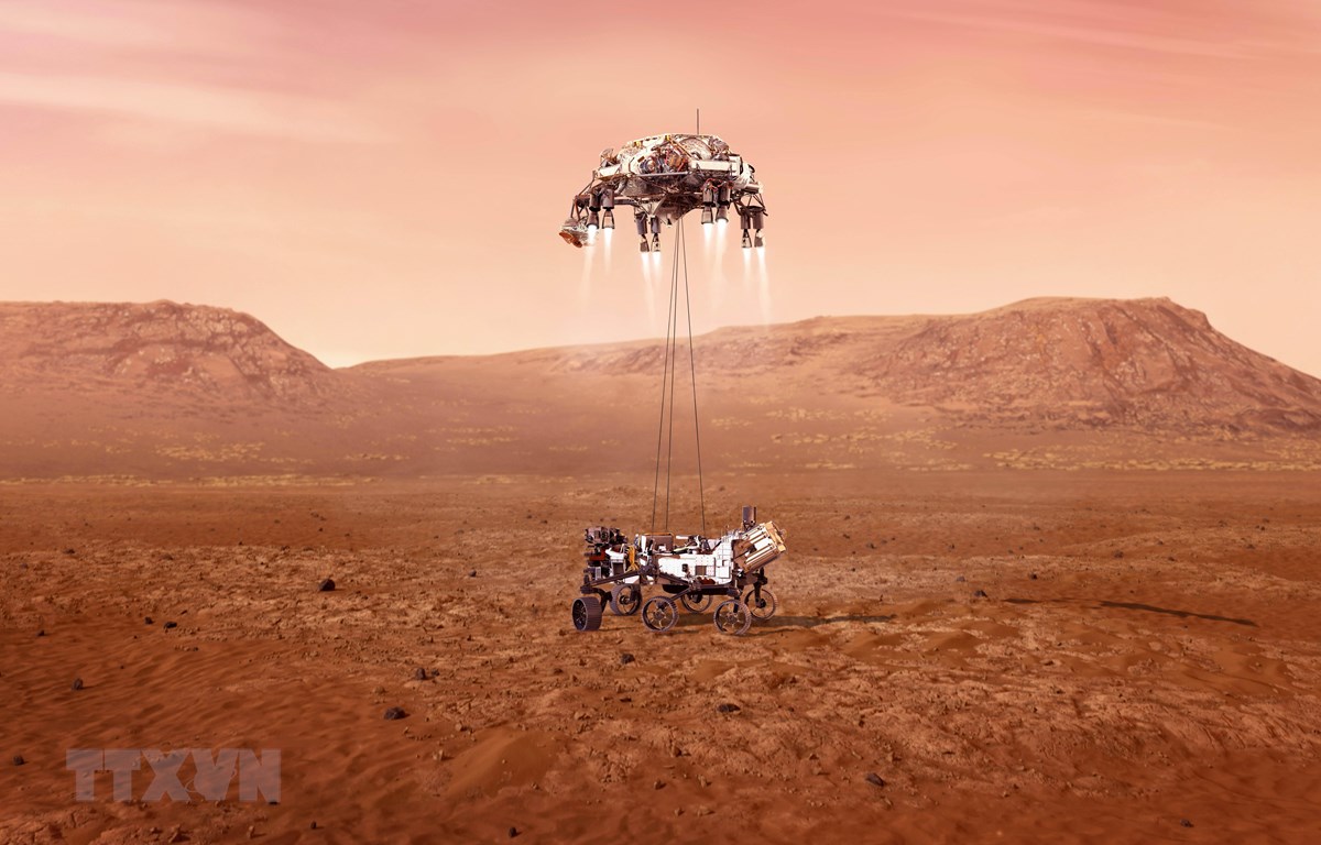 Hình ảnh mô phỏng tàu thăm dò Perseverance đáp thành công xuống bề mặt sao Hỏa. Ảnh: THX/TTXVN