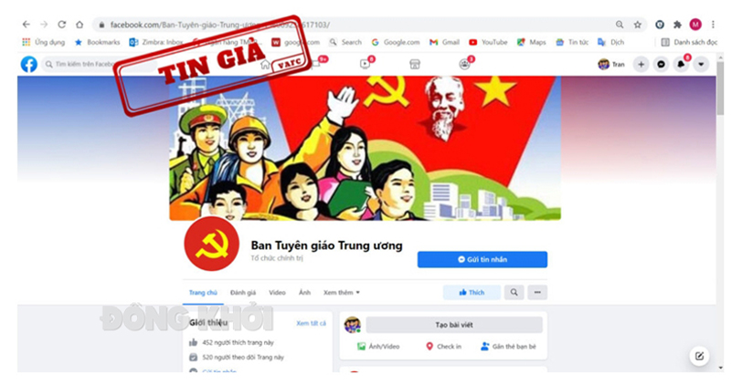 Fanpage giả mạo Ban Tuyên giáo Trung ương. Ảnh: VAFC.