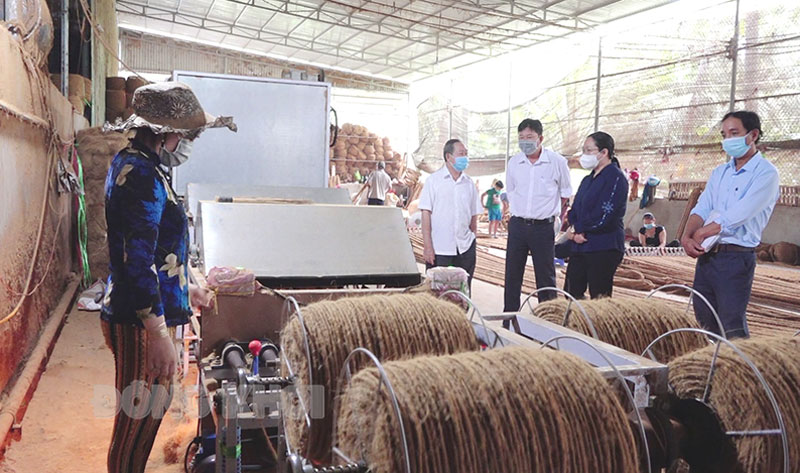 Bí thư Huyện ủy Mỏ Cày Nam làm việc với các doanh nghiệp Bí thư Huyện ủy Mỏ Cày Nam Nguyễn Thị Hồng Nhung (thứ 2 bên phải) tham quan khu vực sản xuất của Công ty TNHH MTV Xuất nhập khẩu dừa Hưng Long.