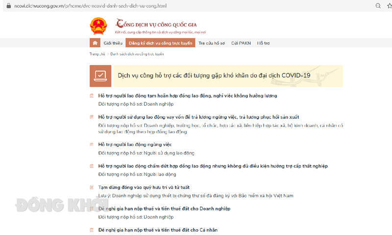 Các dịch vụ công trực tuyến tại Cổng dịch vụ công quốc gia.