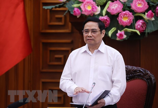 Thủ tướng chủ trì kiện toàn Ban Chỉ đạo Quốc gia phòng, chống dịch Thủ tướng Phạm Minh Chính, Trưởng Ban Chỉ đạo Quốc gia phòng, chống dịch COVID-19 phát biểu kết luận cuộc họp. (Ảnh: Dương Giang/TTXVN)
