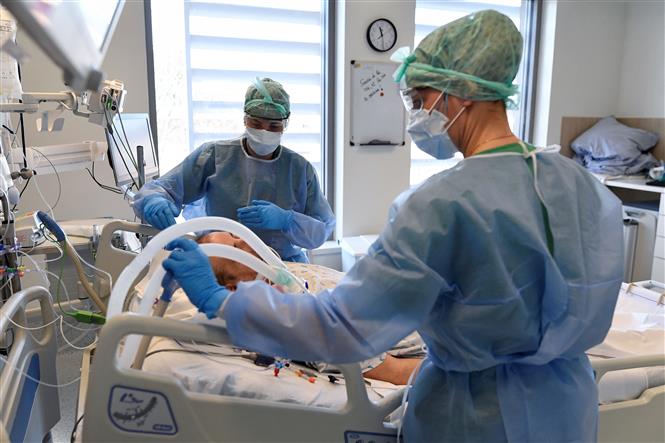 Điều trị cho bệnh nhân nhiễm COVID-19 tại bệnh viện ở Brussels, Bỉ. Ảnh: AFP/TTXVN