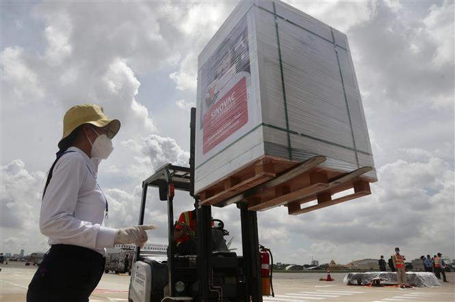 Thế giới trên 221 triệu ca bệnh; Ca mắc mới/ngày tại Nga cao nhất Tiếp nhận lô vaccine Sinovac phòng COVID-19 của Trung Quốc tại sân bay quốc tế Phnom Penh, Campuchia ngày 31-8-2021. Ảnh: THX/TTXVN