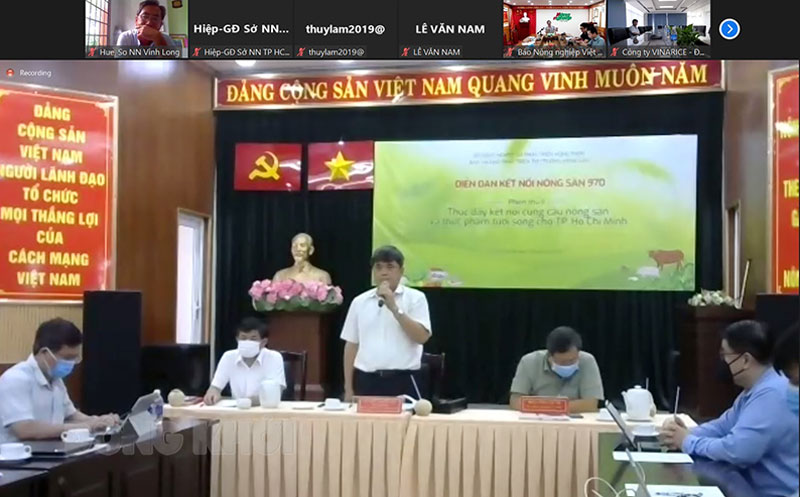 Tổ công tác 970 kết nối tiêu thụ nông sản Thứ trưởng Trần Thanh Nam chủ trì hội nghị. Ảnh chụp qua màn hình họp trực tuyến.