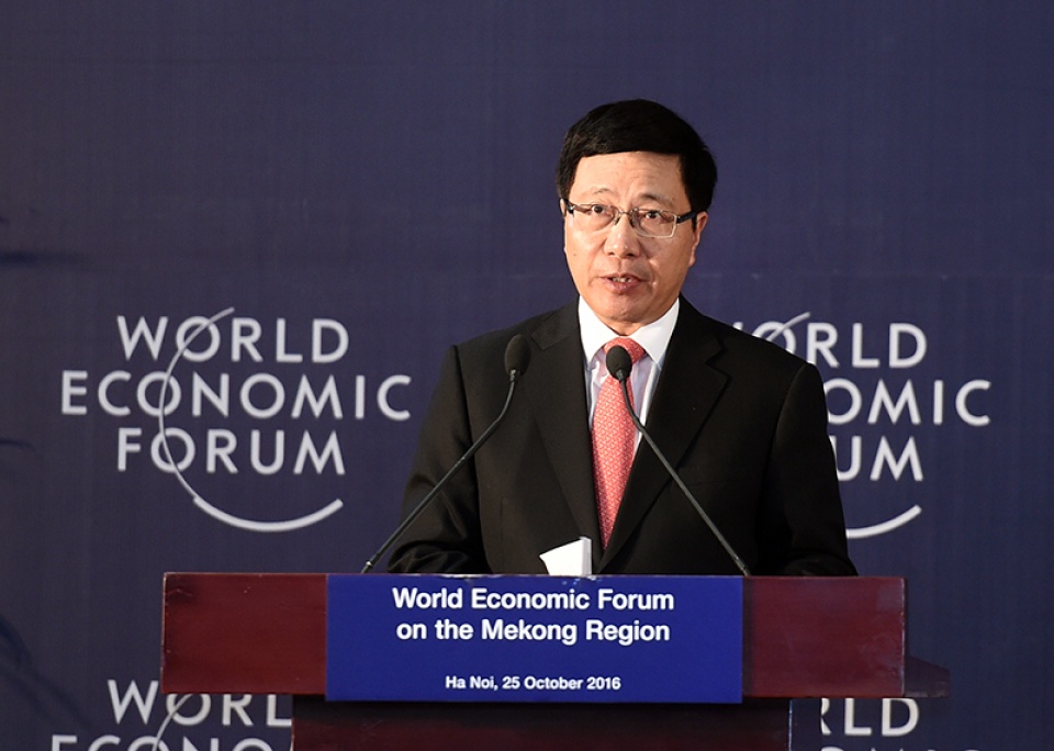 Phó thủ tướng Phạm Bình Minh phát biểu bế mạc Diễn đàn Kinh tế Thế giới về khu vực Mekong năm 2016.