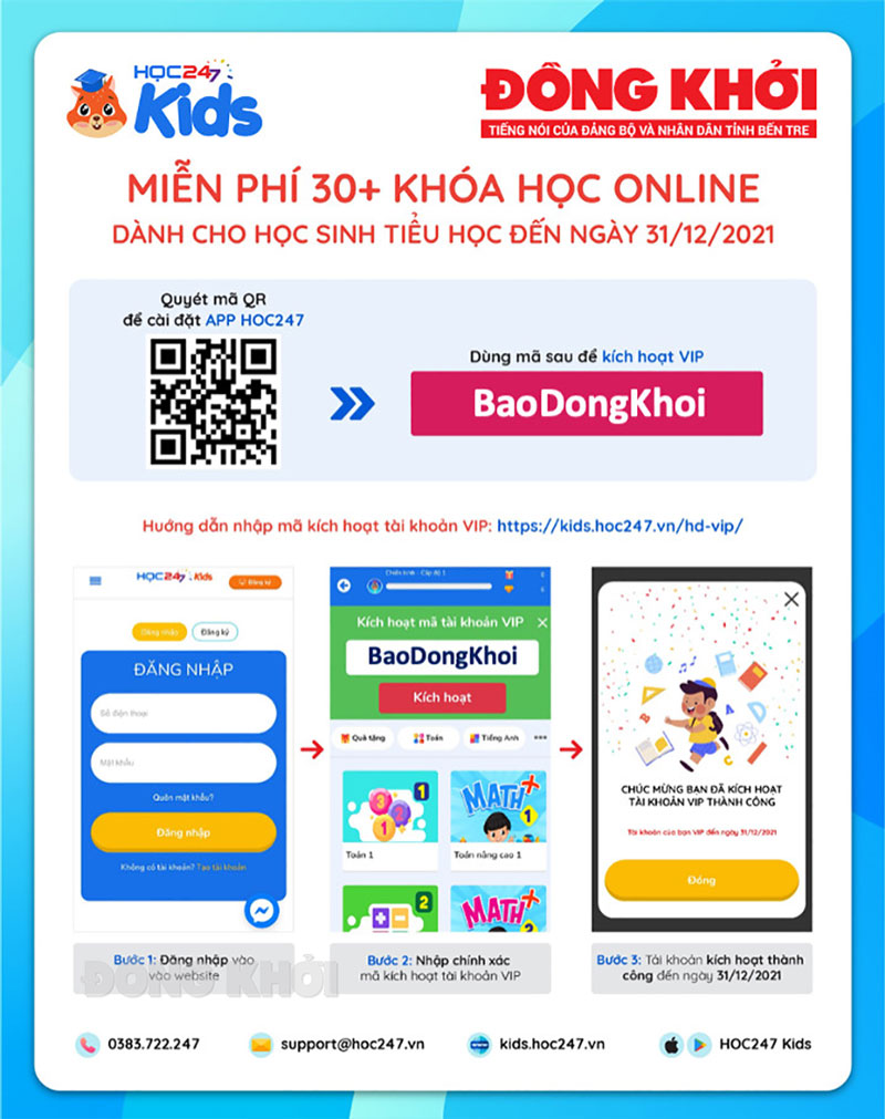 Nhập mã BaoDongKhoi kích hoạt tài khoản VIP HOC247 Kids.